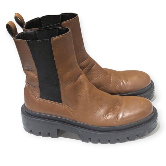 Zara Chunky Lug Sole Ankle Boots Women's 40 / 9 Brown Leather Chelsea  Grunge - Picture 2 of 7